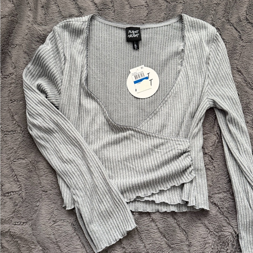 Gray Ribbed Wrap Top